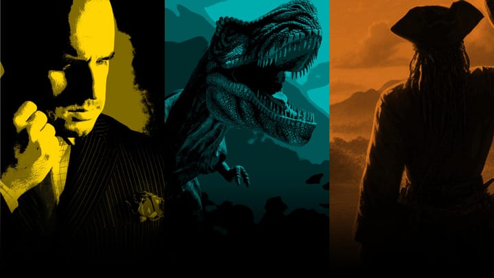 A graphic of three stills from movies: The Godfather, Jurassic Park, and Pirates of the Caribbean. 