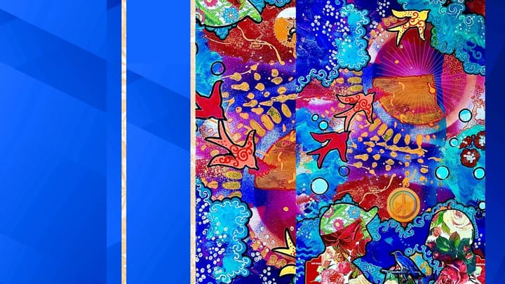 A design of birds and people in a sort of mosaic style.